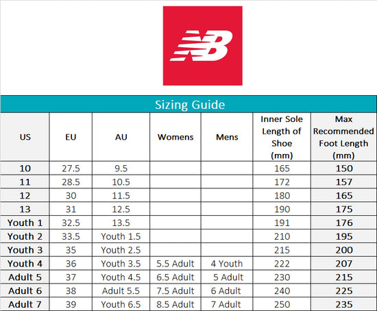 New balance childrens size chart Outlet